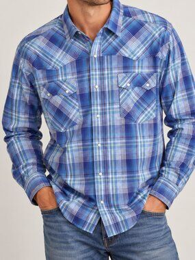 Roper Western Plaid Rodeo Cowboy Racher Cattlemans Shirt Blue White Size  Large